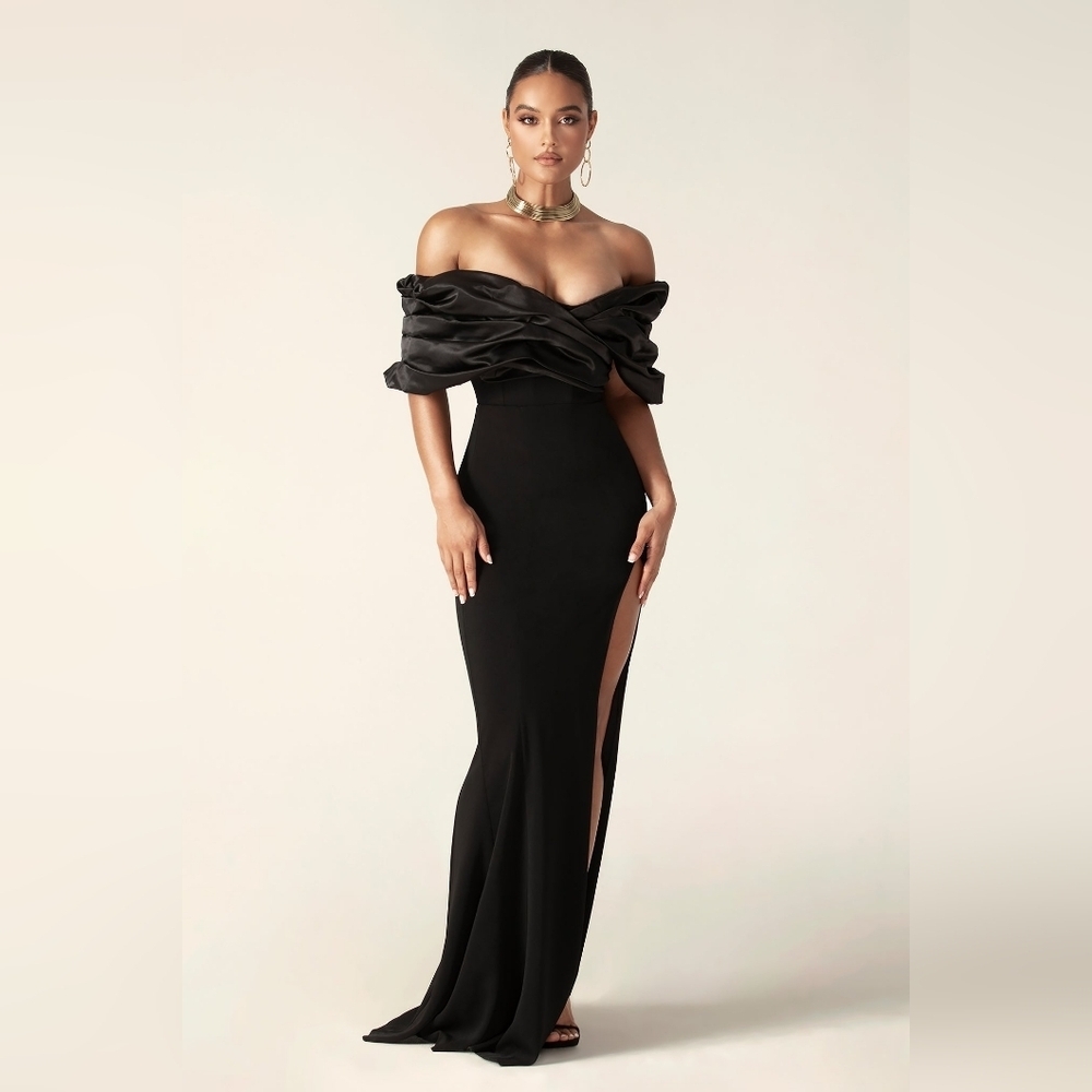 Aliava Alieva Black Presley Crepe Ruffle Shoulder Gown Dress ALTERED